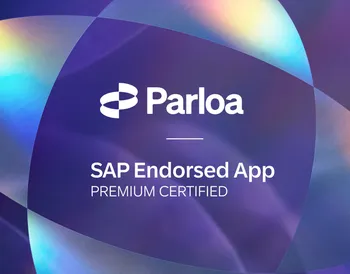Parloa logo with text "SAP Endorsed App Premium Certified" on a colorful, abstract background.