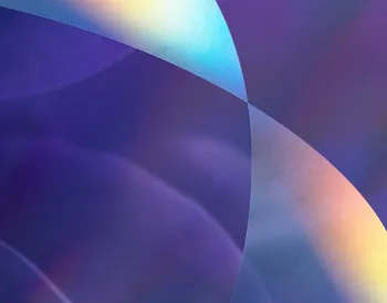 Abstract image with curved, translucent shapes in shades of blue, purple, and hints of rainbow colors, creating a smooth, flowing pattern.