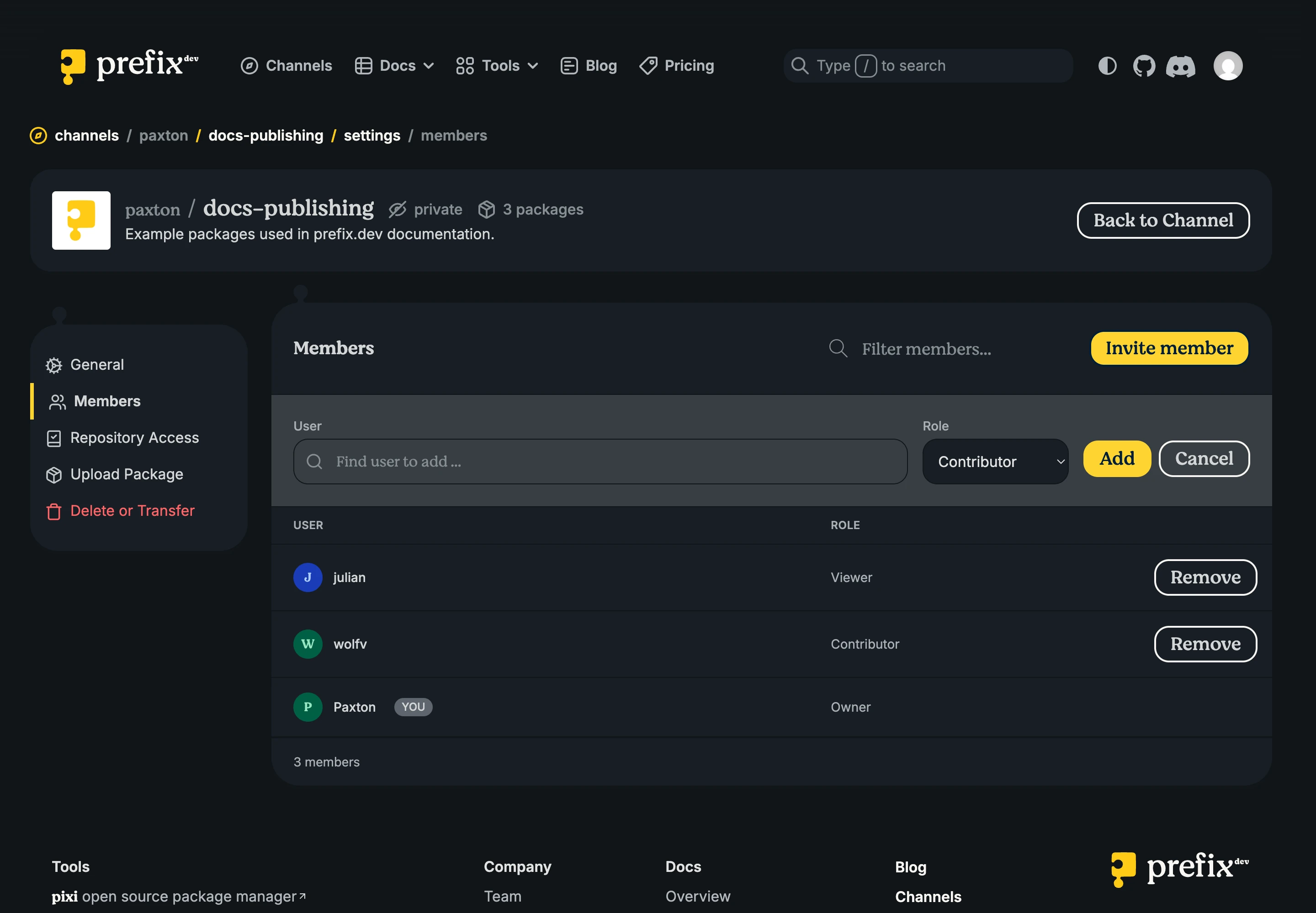Channel members page with Owner, Contributor, and Viewer roles and member-management controls.