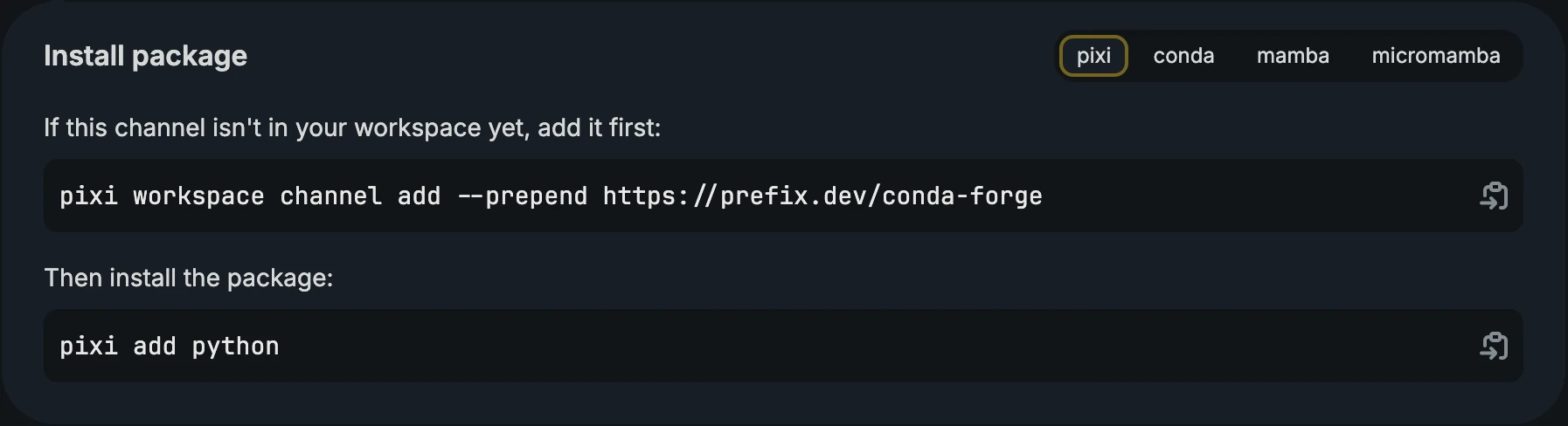Package installation card with installer choices and copyable channel and package commands.