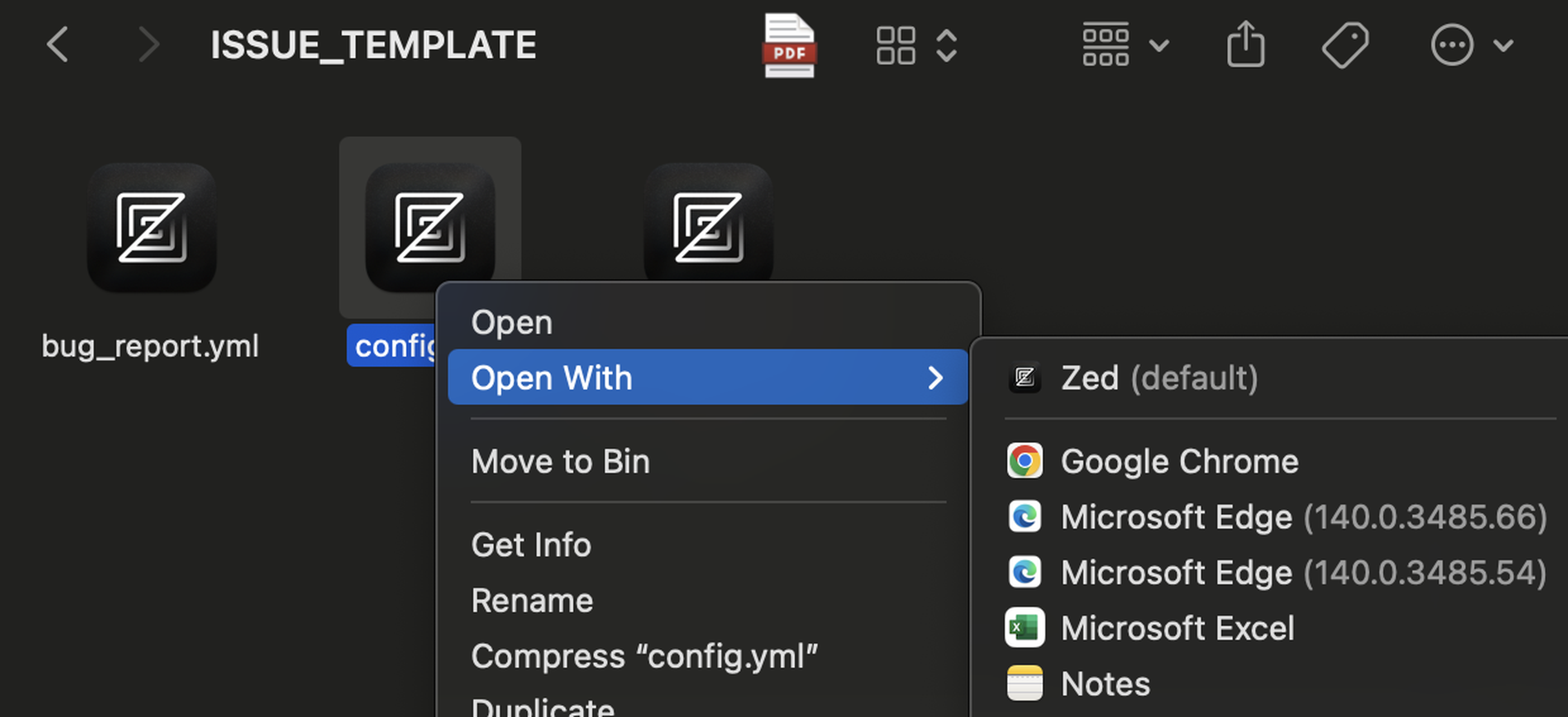 Finder on macOS showing how Zed is suggested for a yml file
