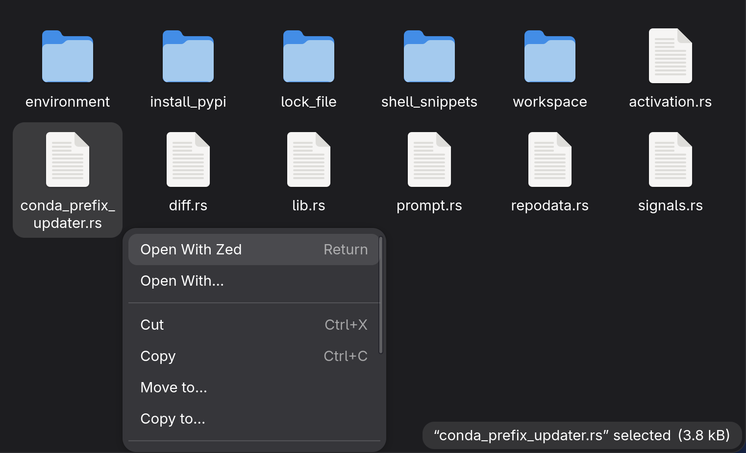 GNOME files suggesting to use Zed to open a Rust file