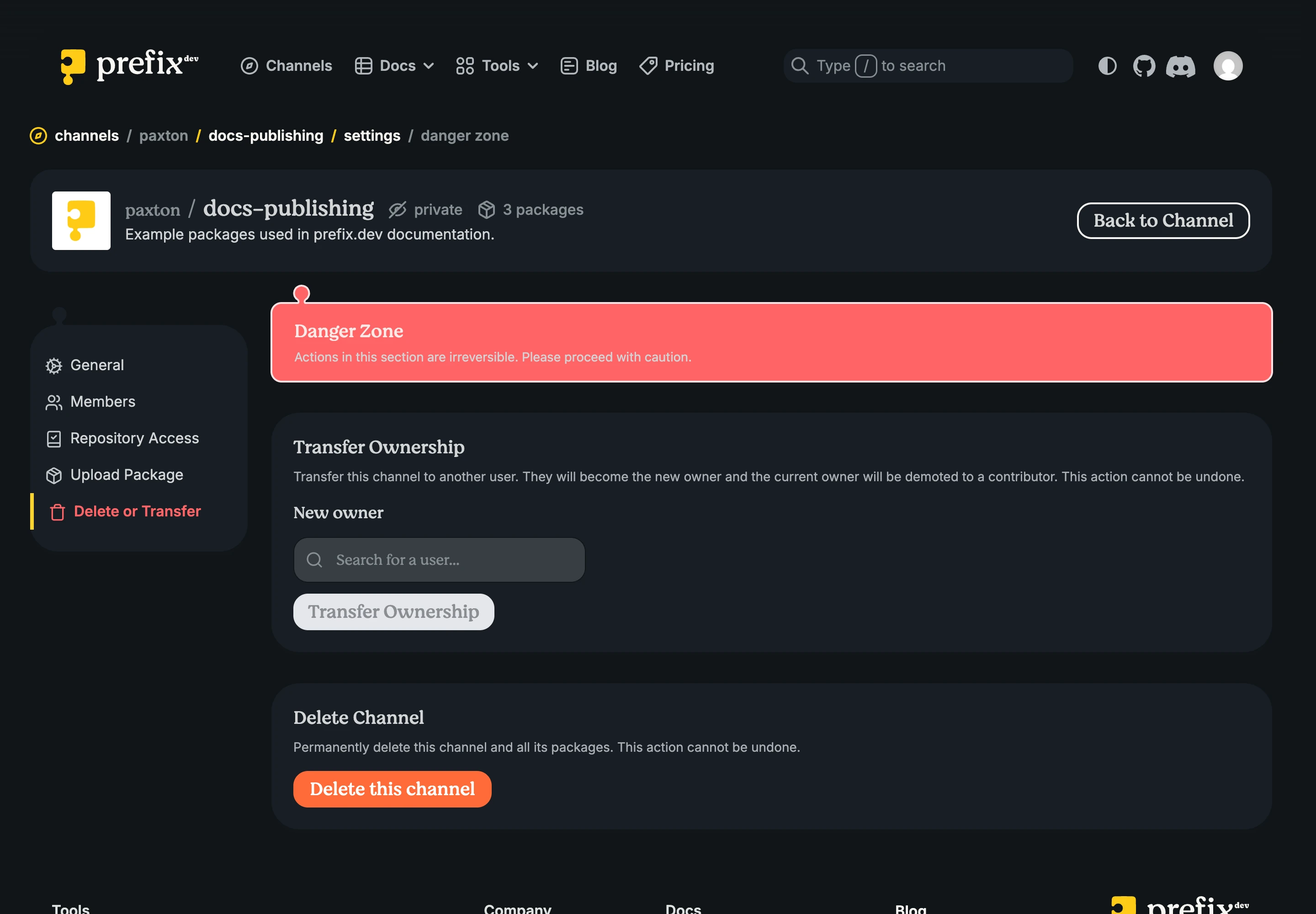 Channel Danger Zone with inactive controls for ownership transfer and permanent channel deletion.