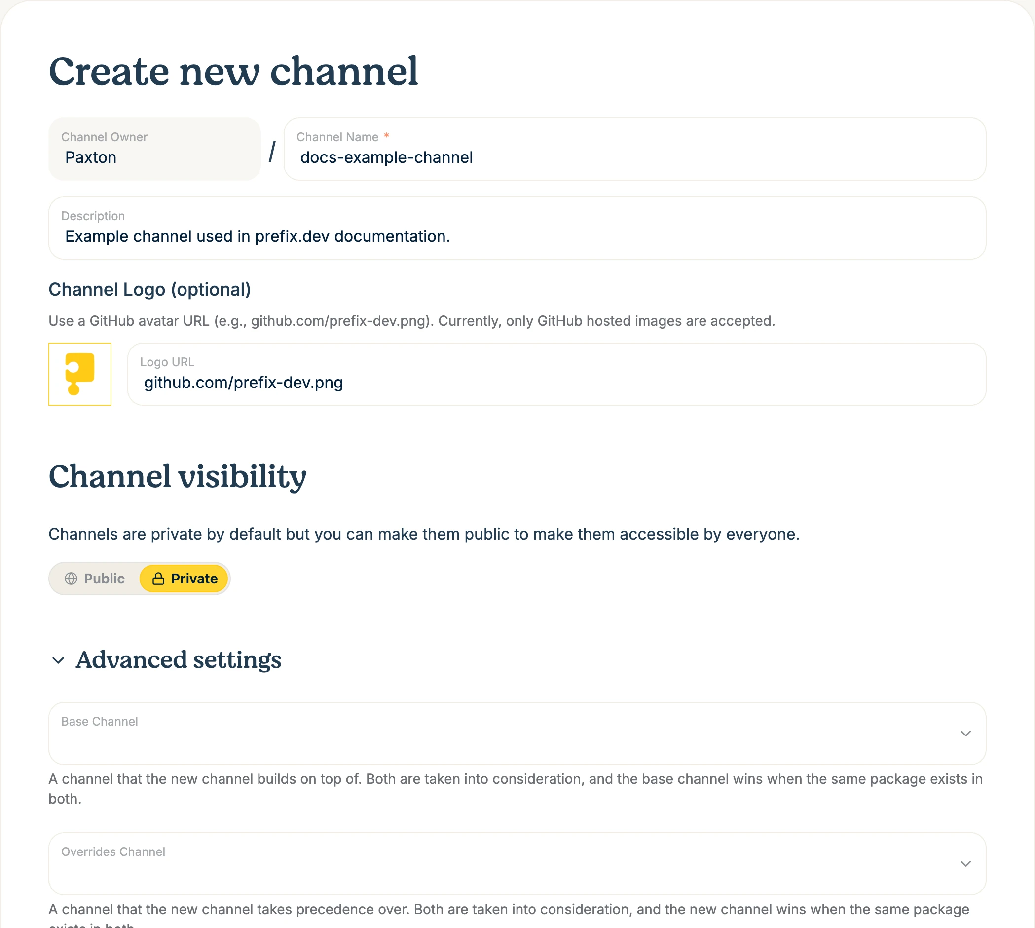 Create channel form with owner, channel name, description, private visibility, and related channels.