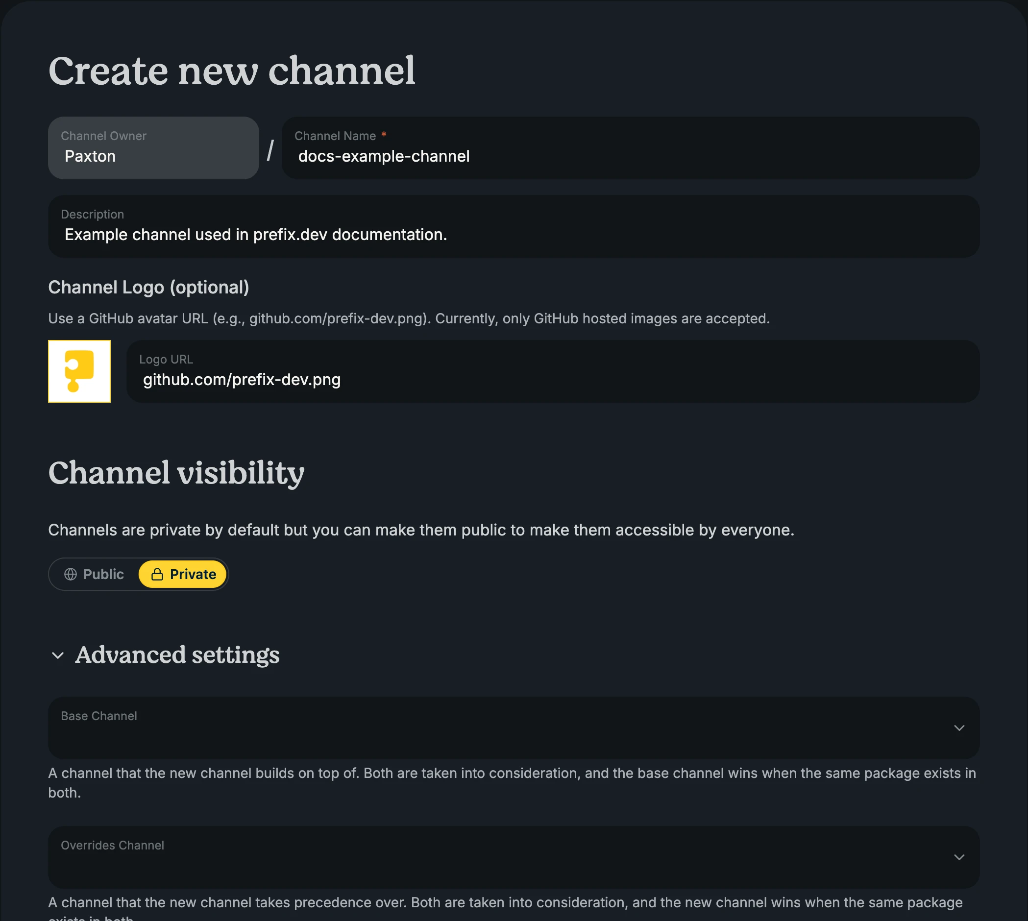 Create channel form with owner, channel name, description, private visibility, and related channels.