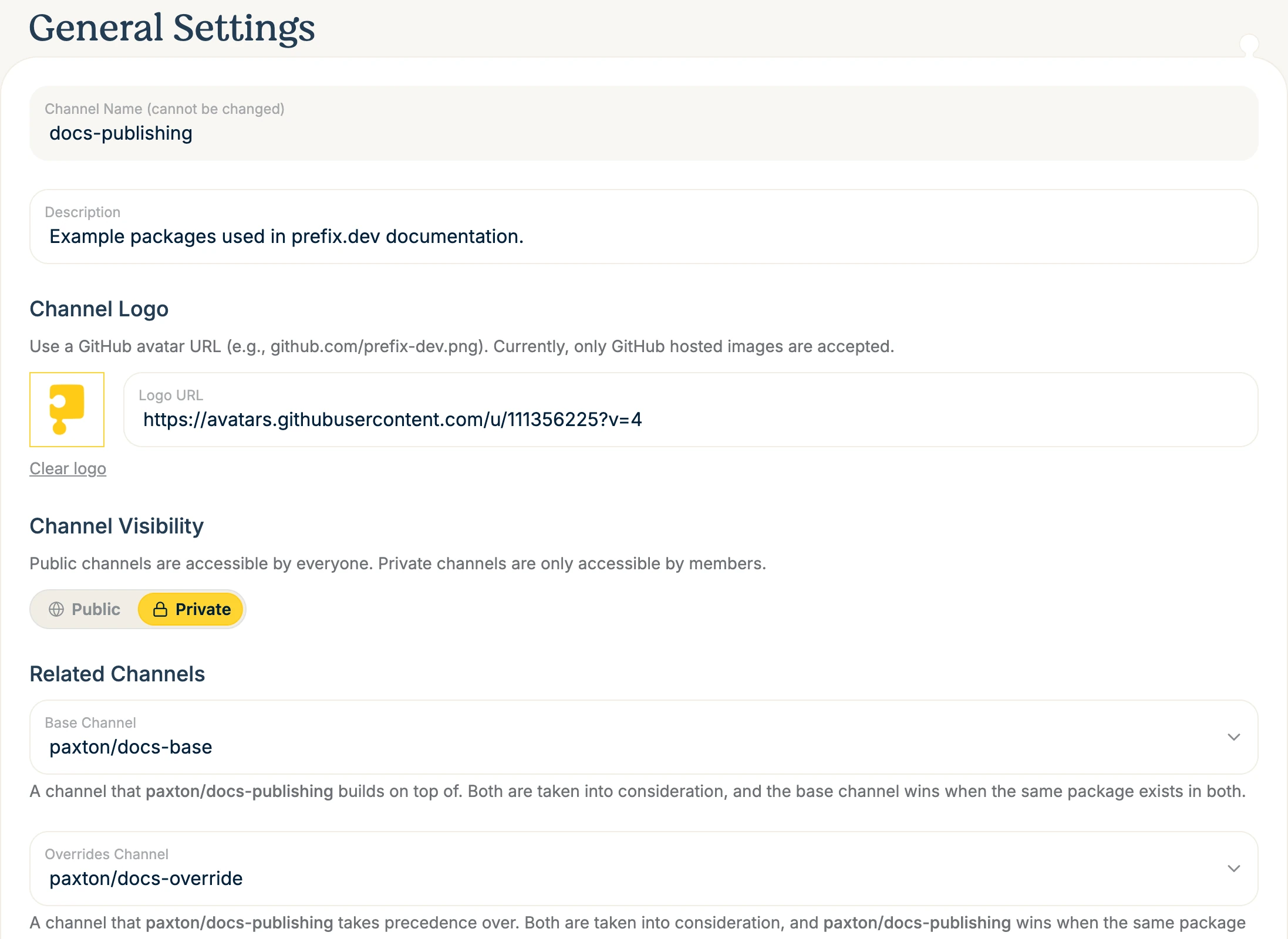 General channel settings for description, logo, visibility, and related channels.