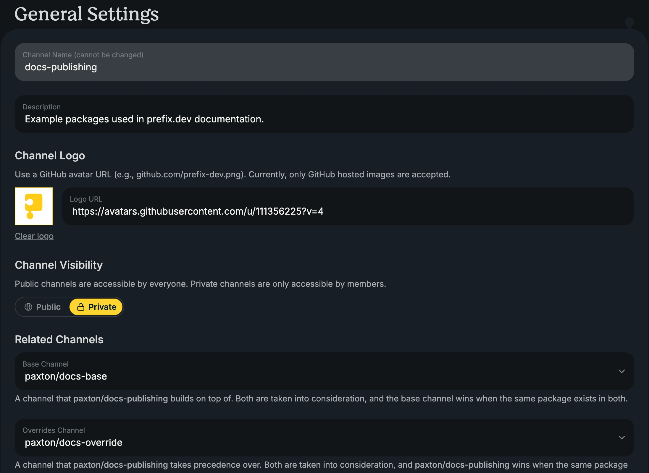 General channel settings for description, logo, visibility, and related channels.