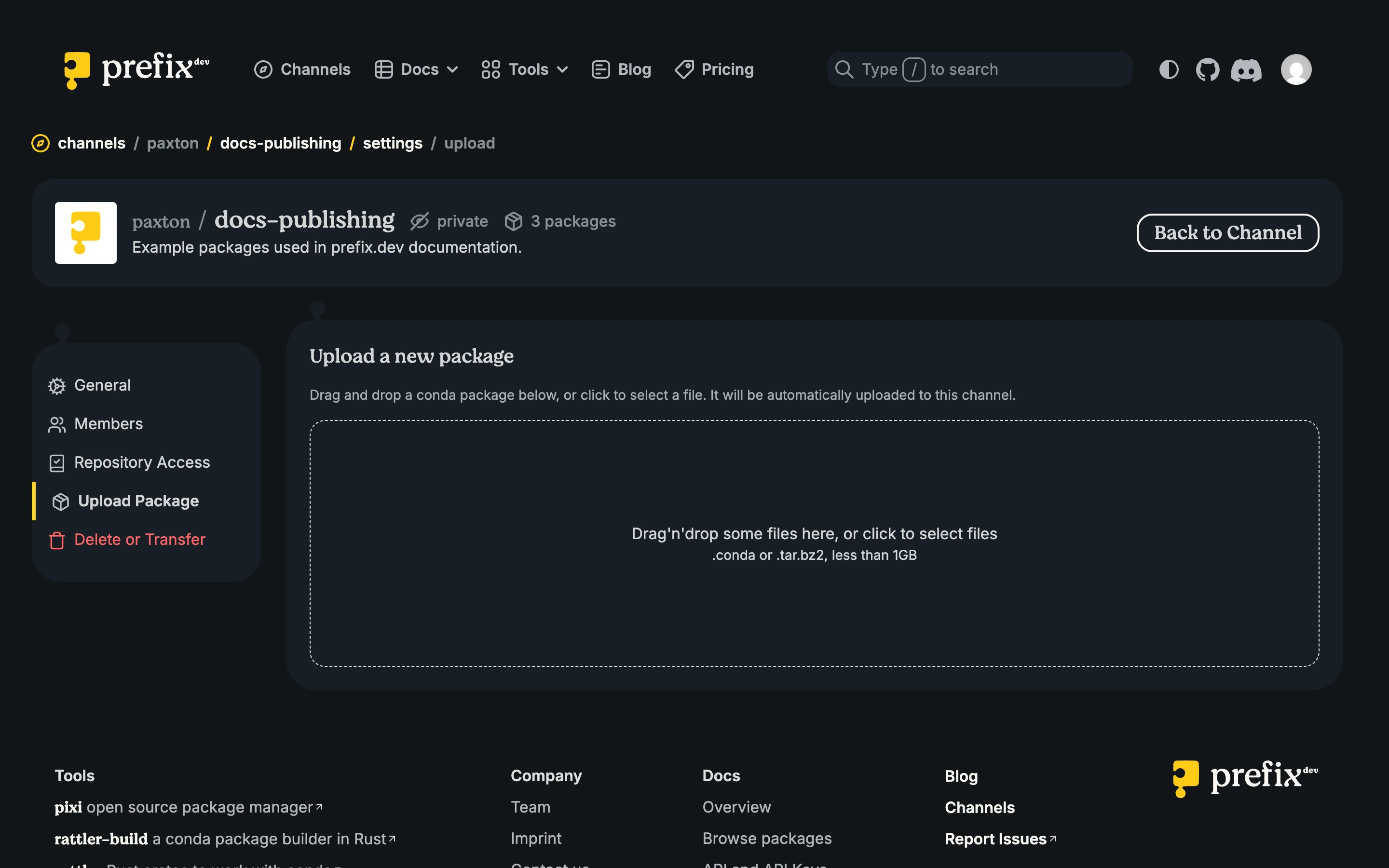 Browser upload page with an empty dropzone for conda package files up to 1 GiB.