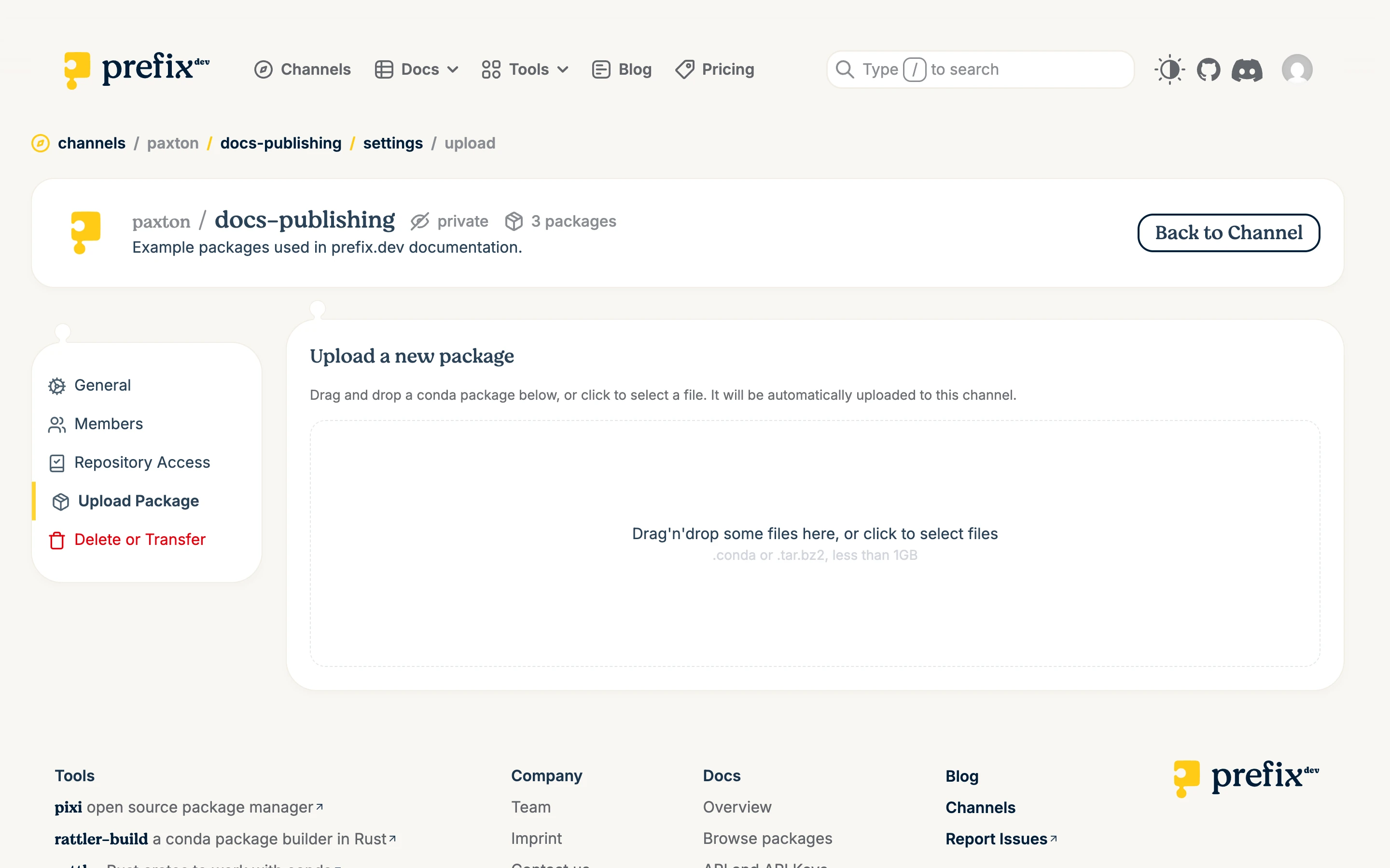 Browser upload page with an empty dropzone for conda package files up to 1 GiB.