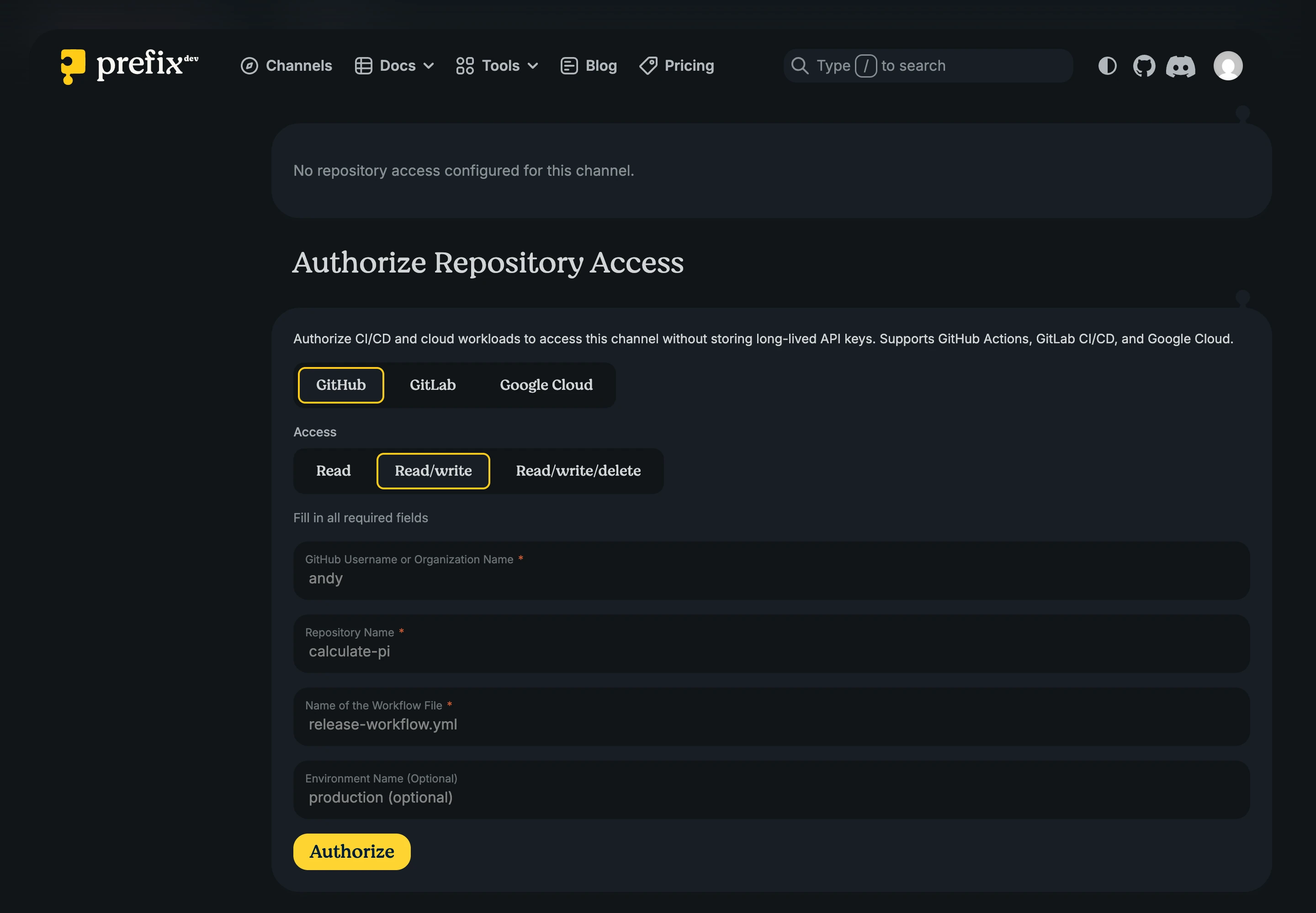 Repository Access form with GitHub, GitLab, and Google Cloud providers and three access modes.