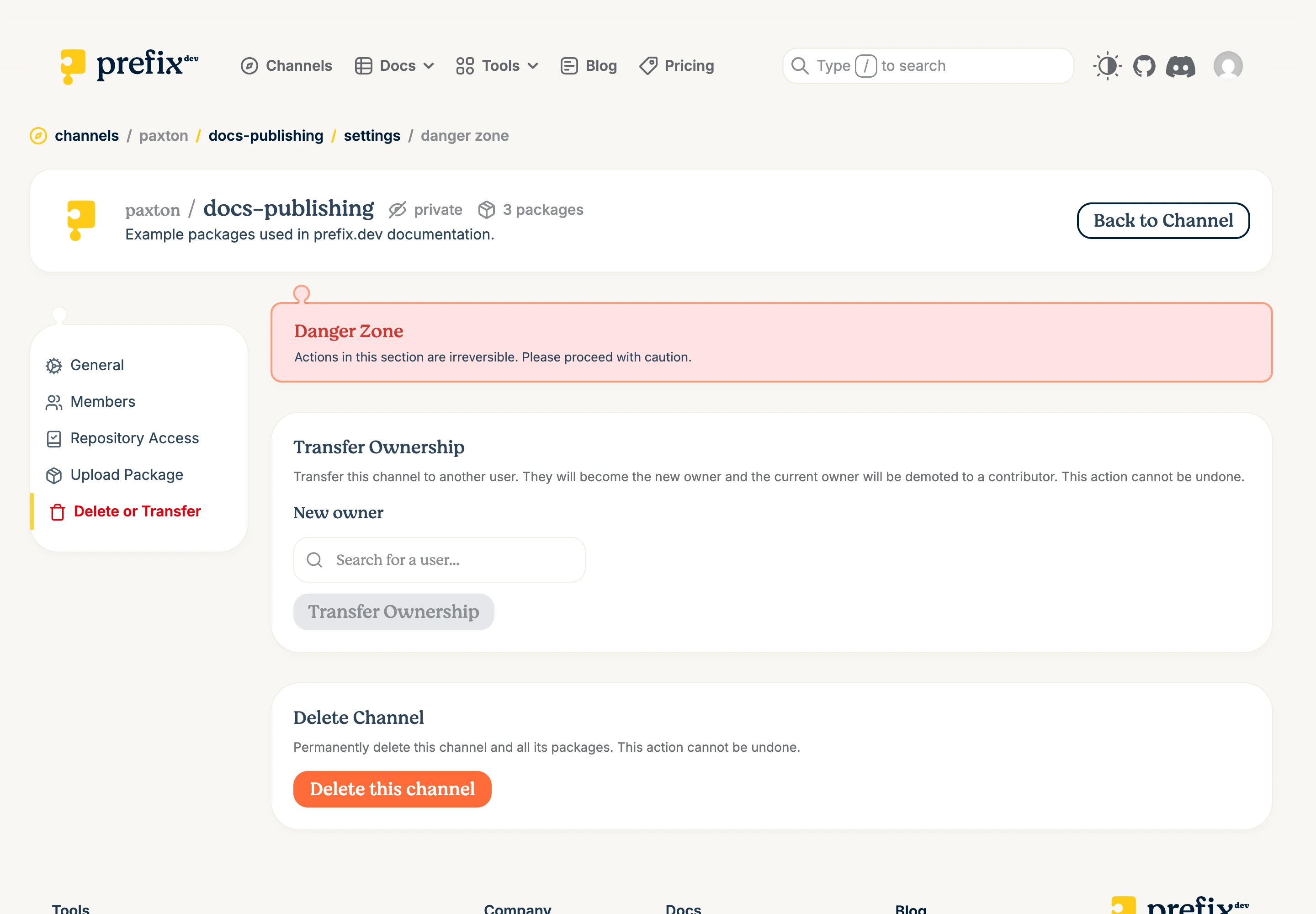 Channel Danger Zone with inactive controls for ownership transfer and permanent channel deletion.