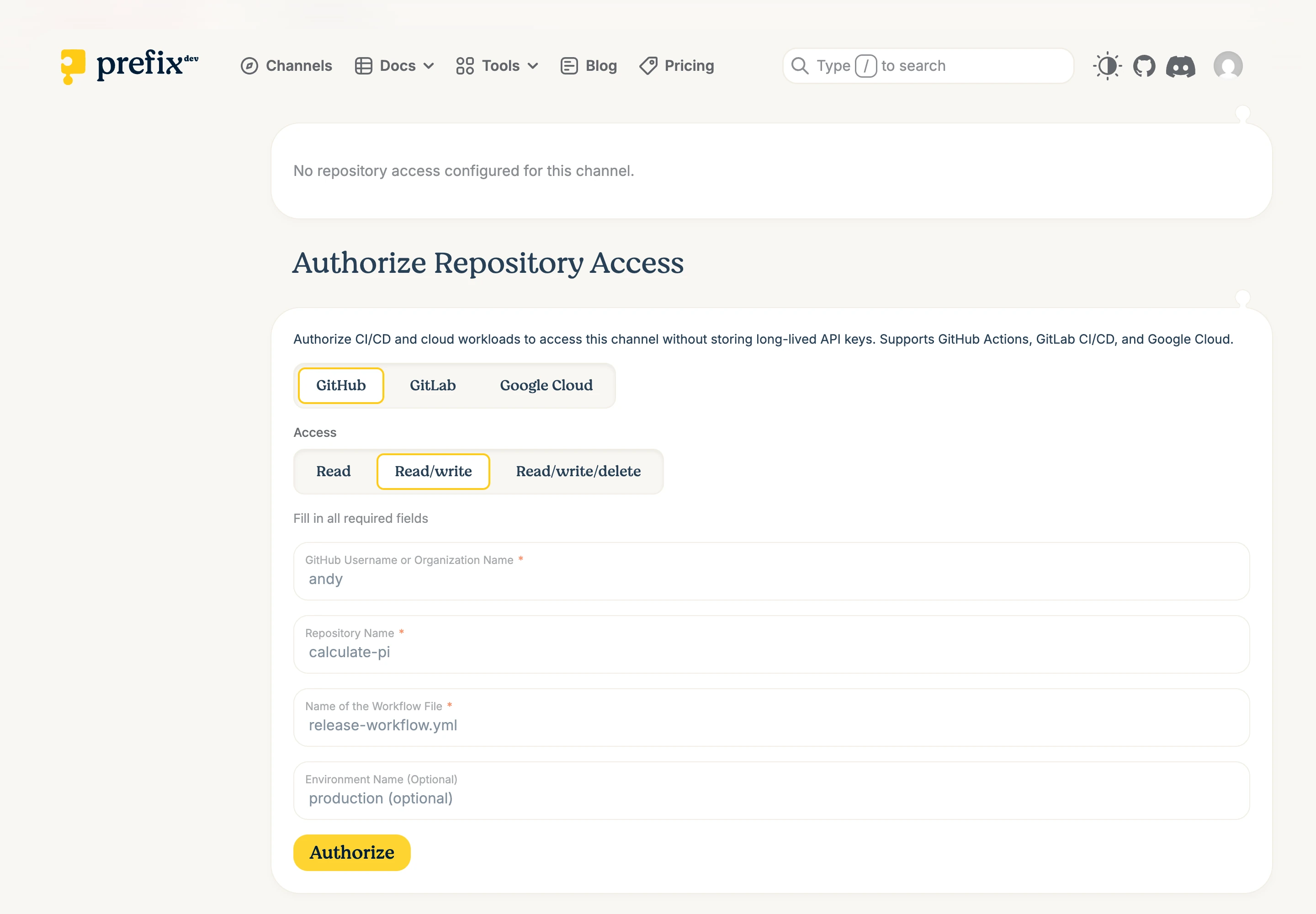Repository Access form with GitHub, GitLab, and Google Cloud providers and three access modes.
