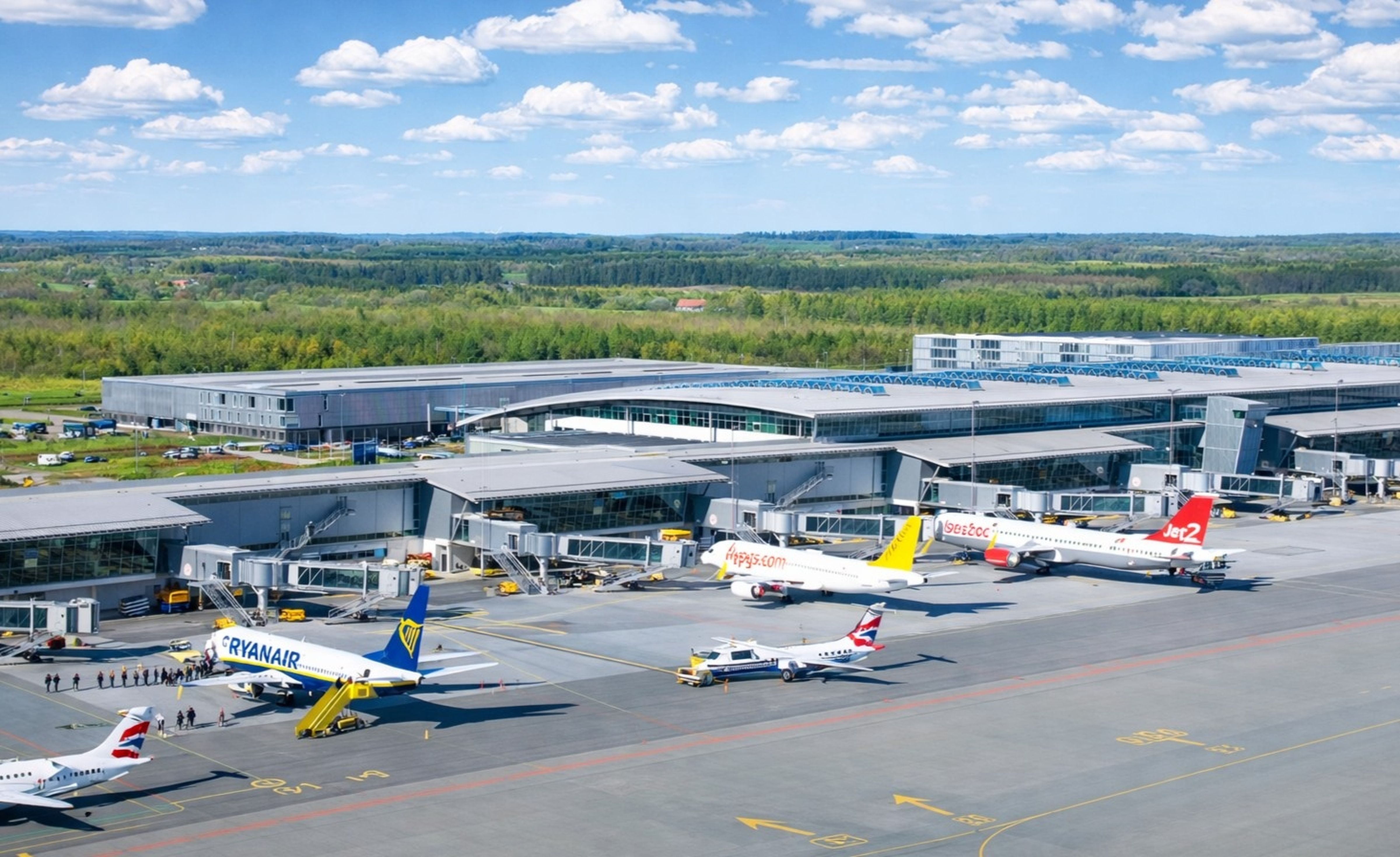Aerial view of Billund airport with several airplanes parked at gates. Surrounding landscape includes lush green forest under a partly cloudy sky.
