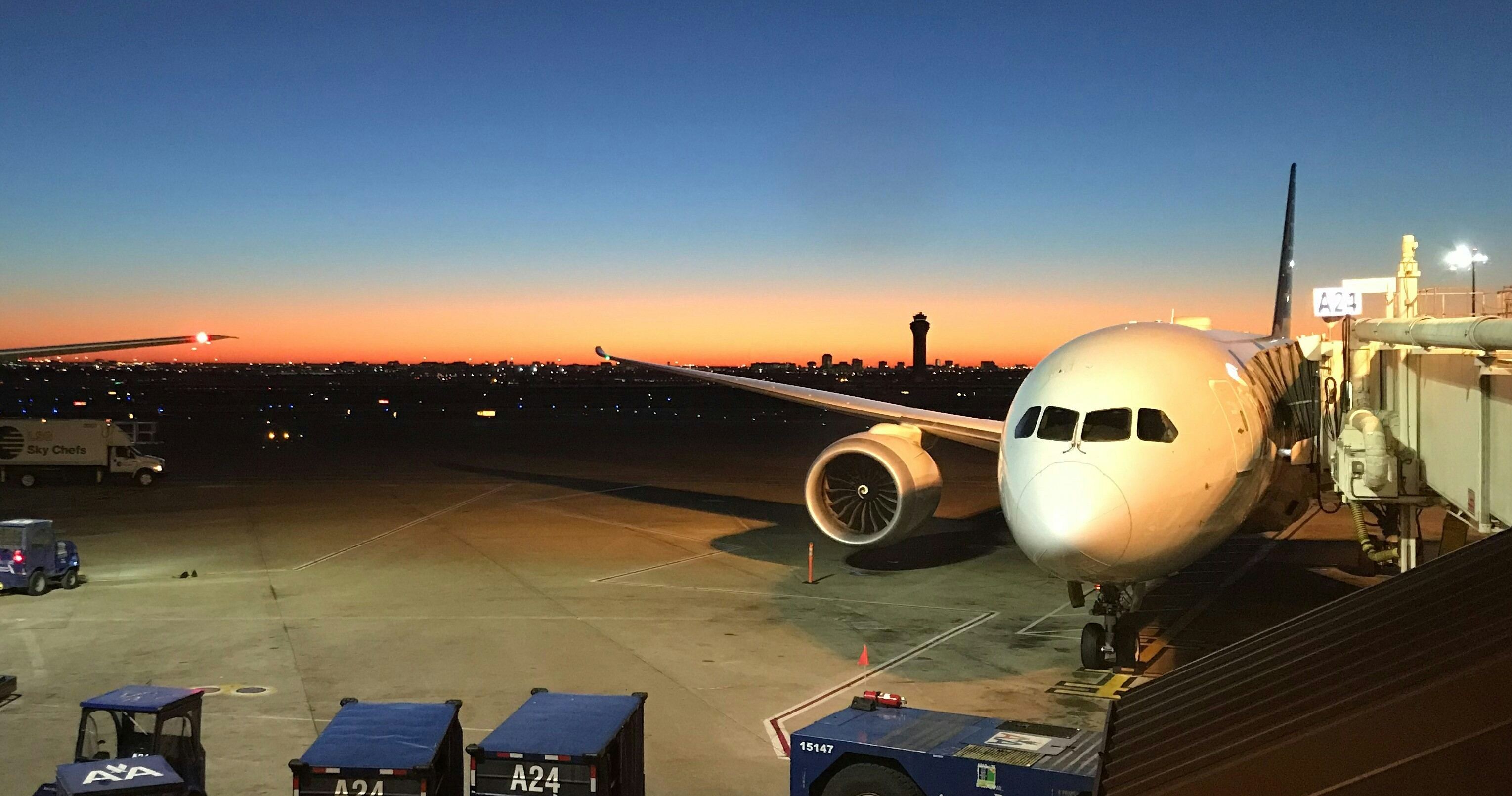 Airport gate at night