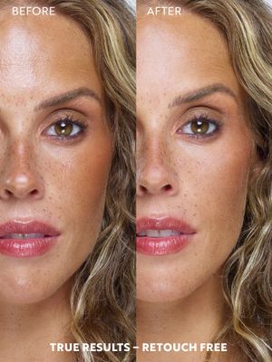 Side-by-side comparison of a woman's face before and after using a glow setting spray.