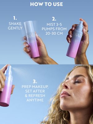 Instructions for using setting spray: Shake, mist 3-5 pumps from 20-30 cm, prep makeup.
