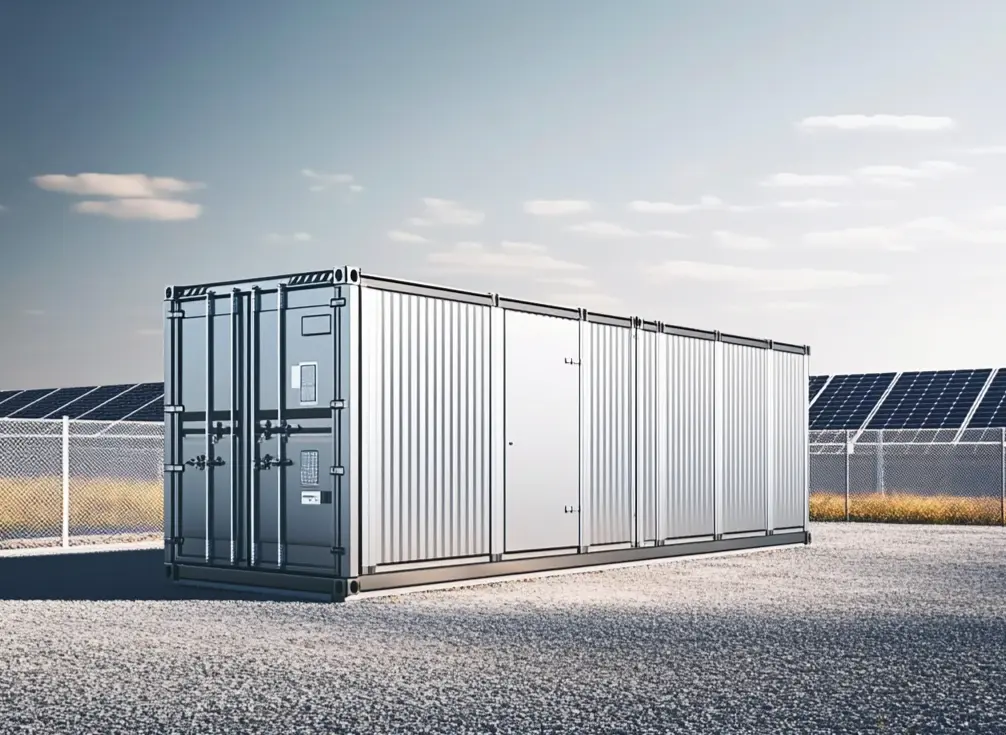 Batteriecontainer vor einer PV-Anlage