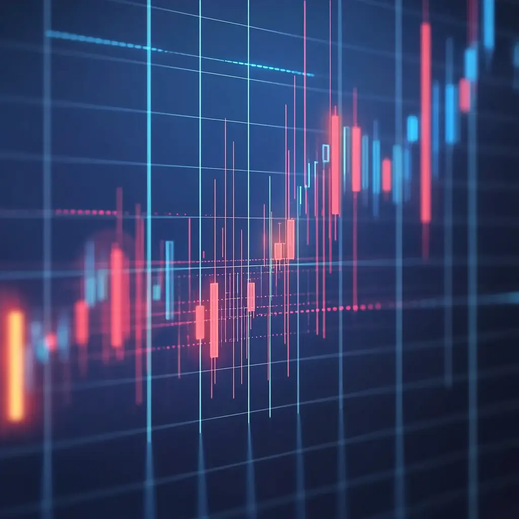 A financial chart with red and blue candlesticks and lines, indicating market trends on a grid background.