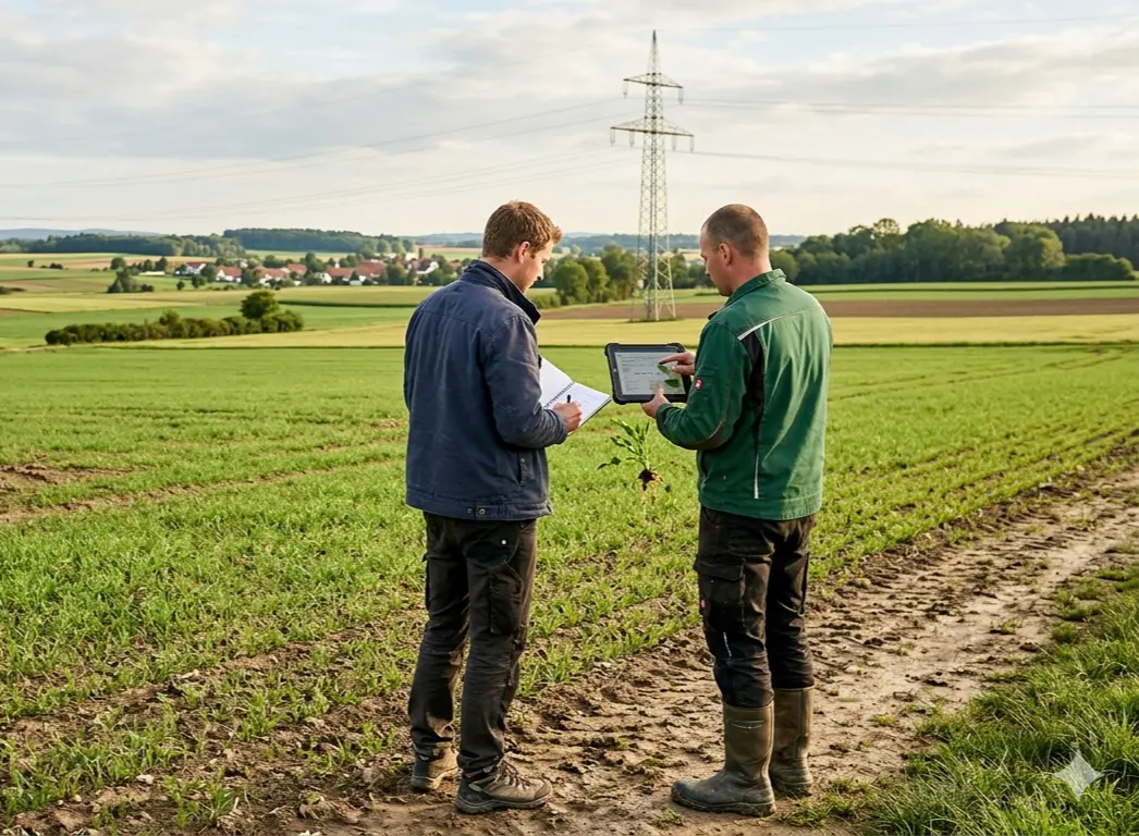 Two men in a field reviewing information on a tablet and papers, with crops and a distant village visible in the background.
