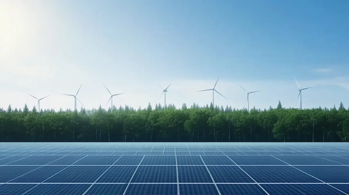 PV-Anlage vor einem Wald mit Windanlagen im Hintergrund
