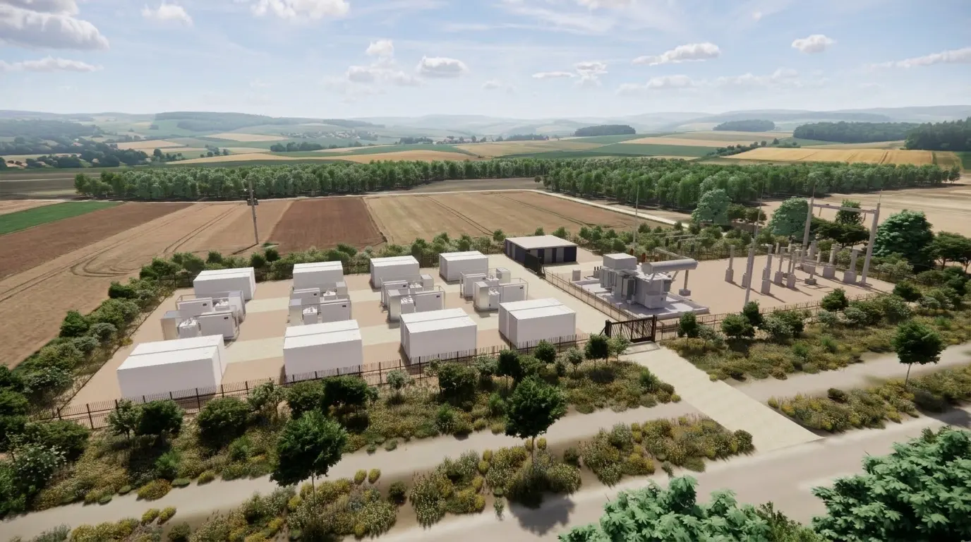 Aerial view of a rural industrial site with several white storage containers, surrounded by fields, trees, and rolling hills under a partly cloudy sky.