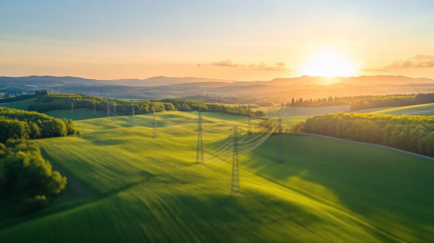 Rolling green hills with power lines stretching across, bordered by forests under a setting sun.