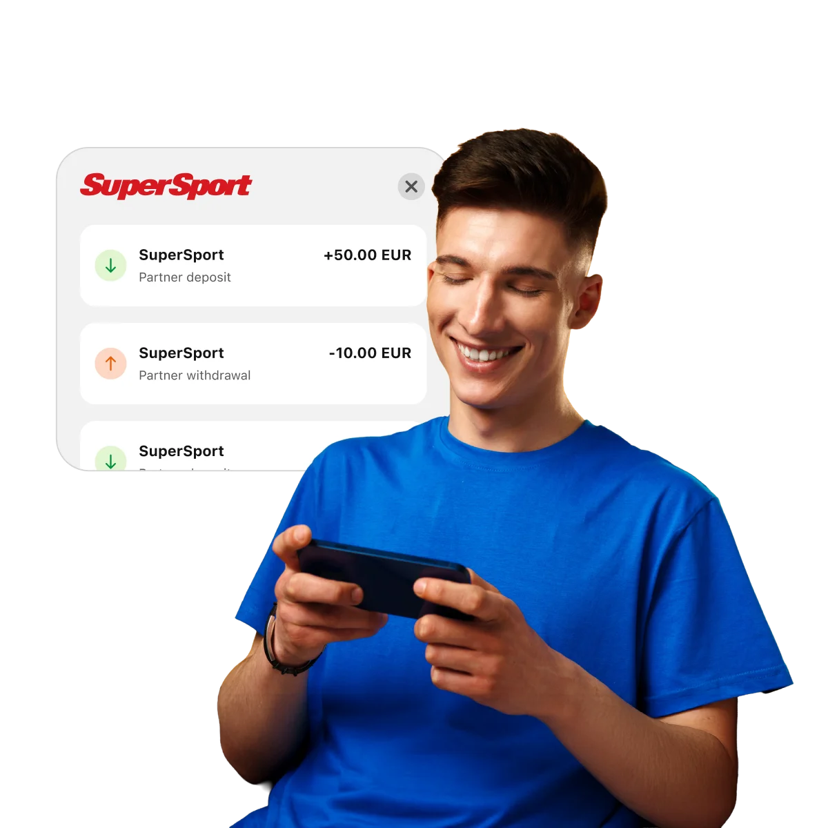 Smiling person in a blue shirt using a smartphone, with a SuperSport transaction list showing deposits and withdrawals in the background.