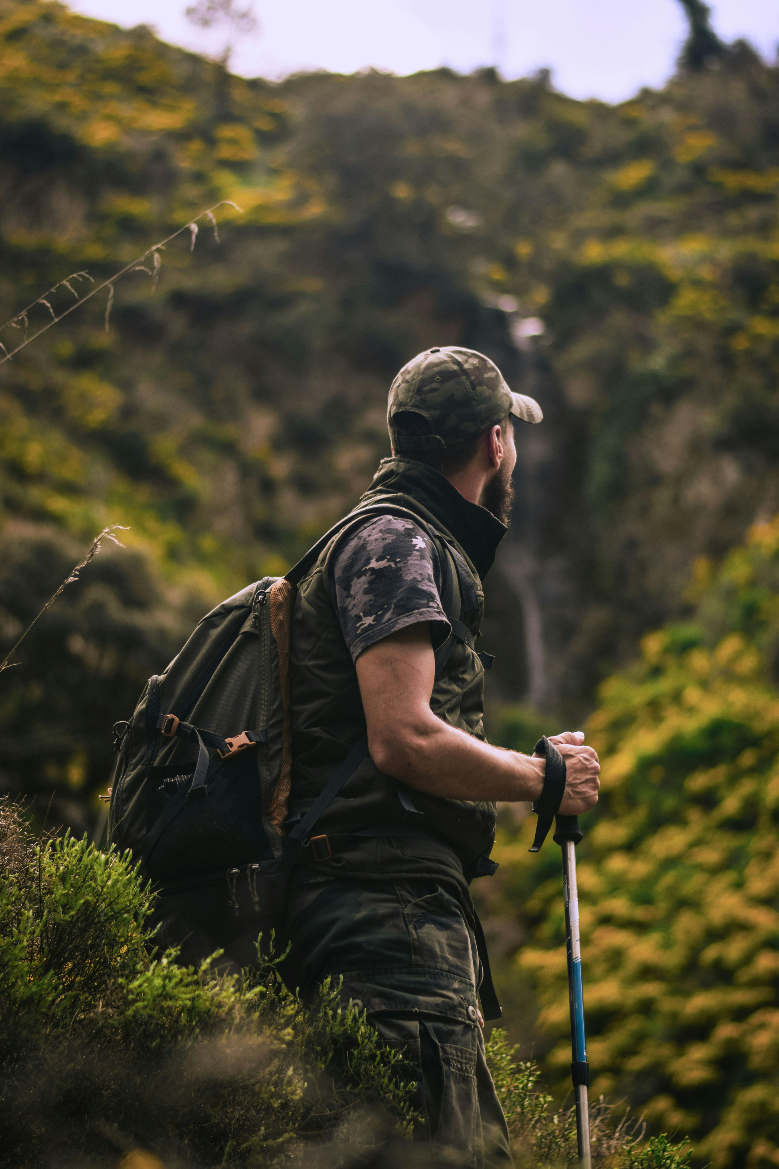A hiker in camouflage gear and cap stands with a walking stick, gazing at a lush, green hillside with shrubs and trees.