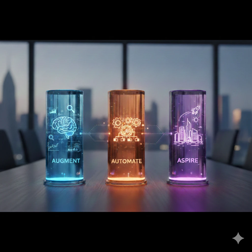 Three glowing cylinders labeled "Augment," "Automate," and "Aspire" with related icons, set on a table in a cityscape background.