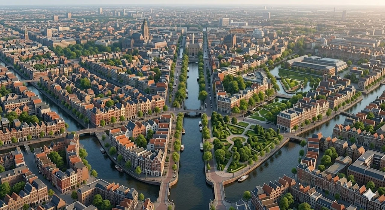 Aerial view of a city with intersecting canals, tree-lined streets, and historic buildings, creating a picturesque urban landscape.