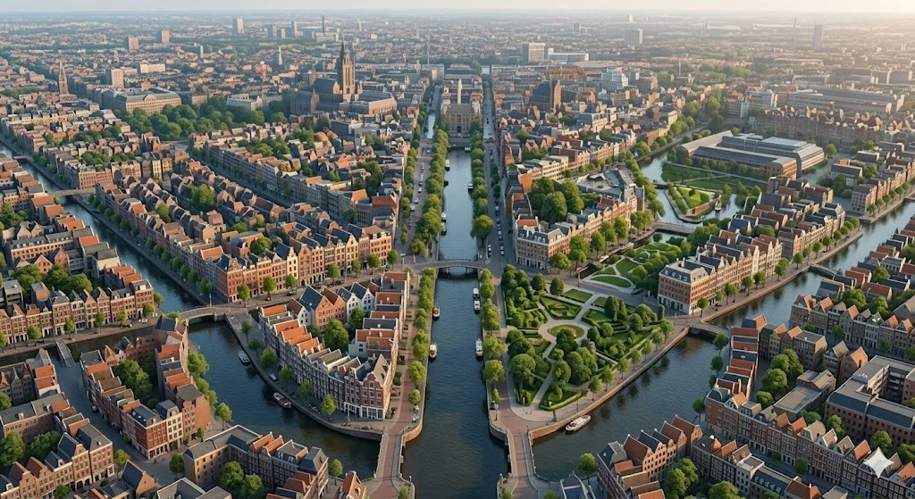 Aerial view of a city with intersecting canals, tree-lined streets, and historic buildings, creating a picturesque urban landscape.