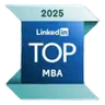 Badge displaying "2025 LinkedIn Top MBA" with a blue geometric design.