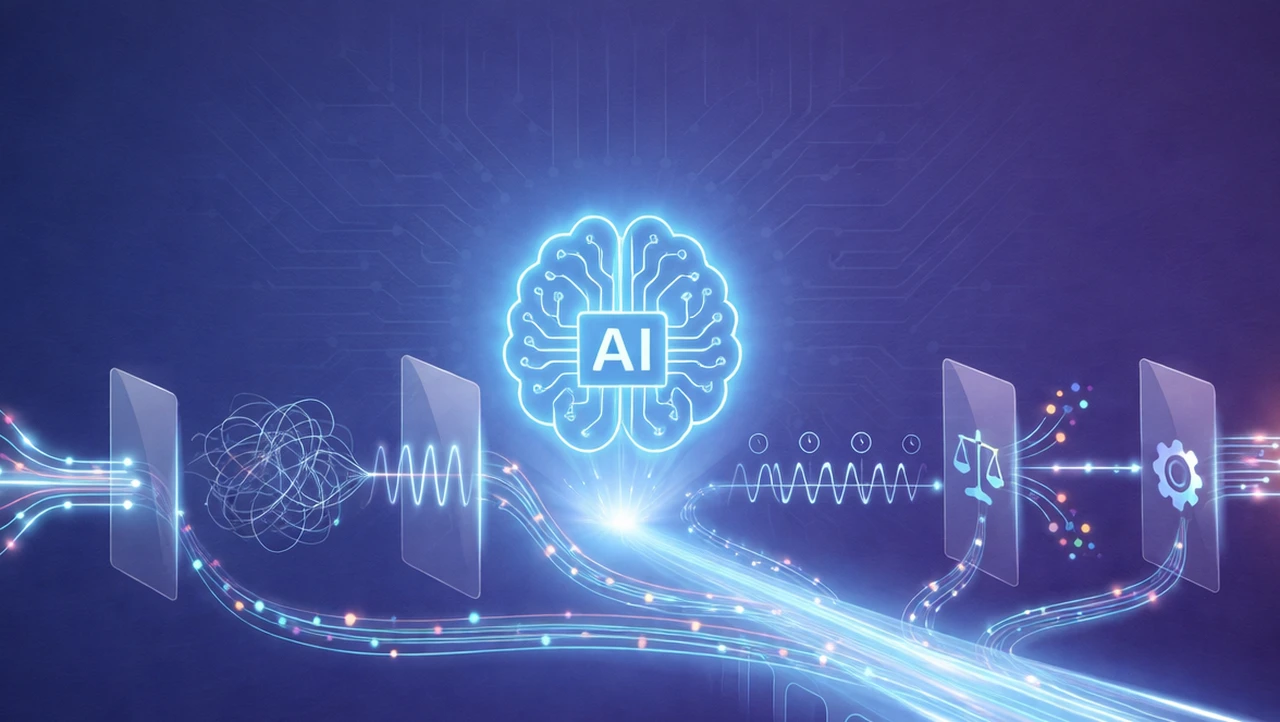 Neon illustration of AI brain surrounded by digital symbols, representing technology and data flow.