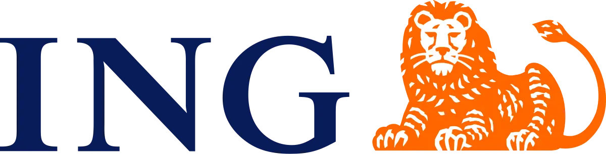 ING logo with the dark blue letters “ING” next to an orange illustrated lion lying down.