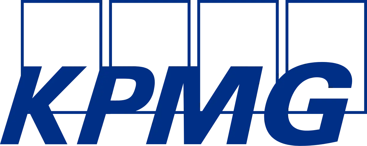 KPMG logo with bold blue italic letters “KPMG” placed in front of four outlined blue rectangles arranged in a row.