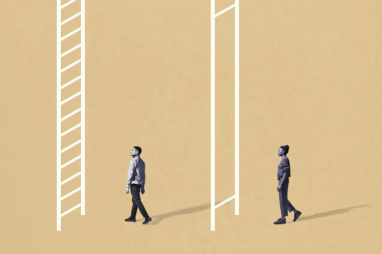 Two people in business attire walk towards abstract ladder diagrams on a beige background.