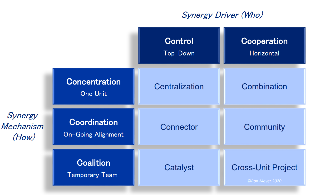 Matrix diagram showing synergy mechanisms (Concentration, Coordination, Coalition) and synergy drivers (Control, Cooperation).
