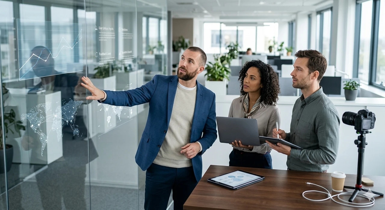 Three professionals in office analyzing graphs on a glass screen, with a laptop and camera nearby.