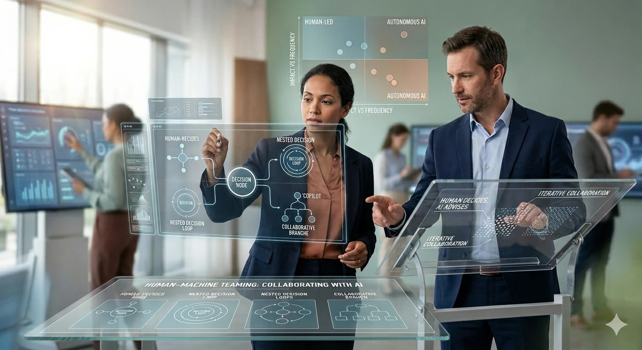 Two professionals interact with futuristic digital screens displaying data and AI concepts in a collaborative workspace.