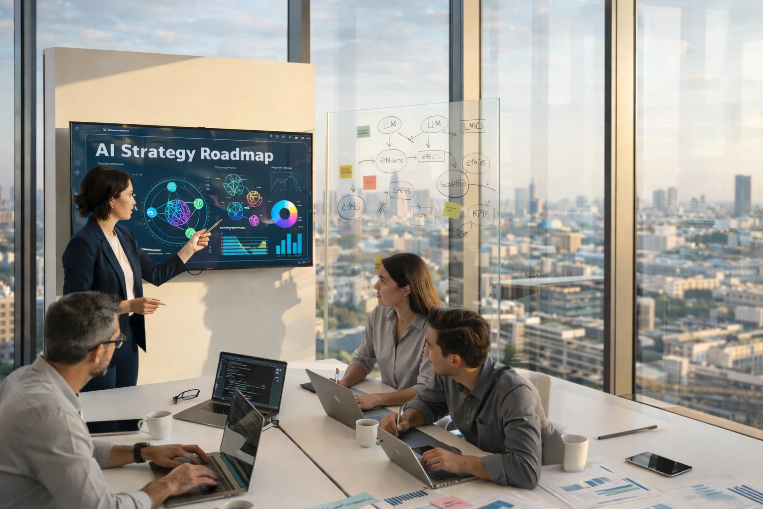A woman presents an AI strategy roadmap to colleagues in a modern office with a city view.
