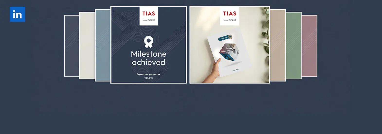 Collage showcasing TIAS School achievement with a hand holding a brochure, featuring the message "Milestone achieved."