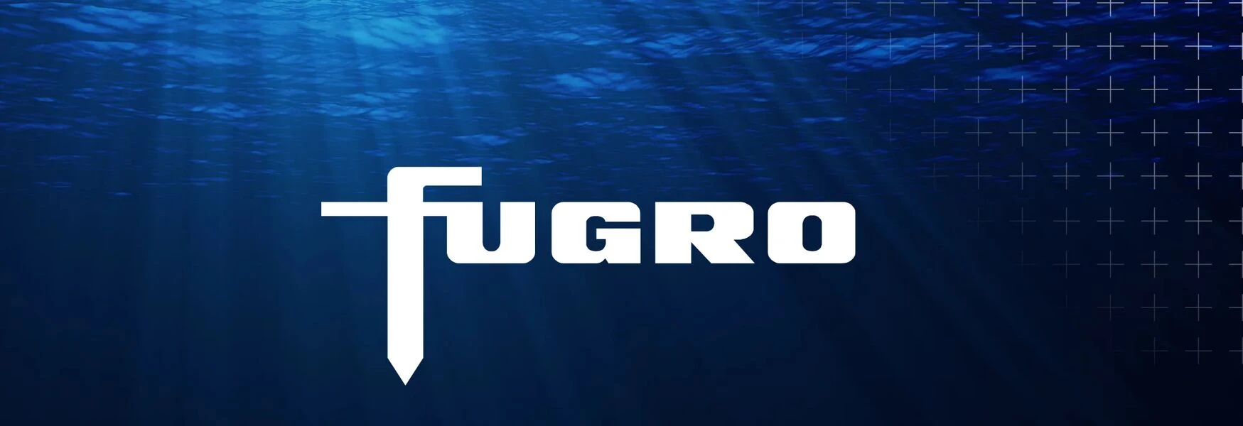Fugro logo on a deep blue underwater background with light rays and grid pattern.