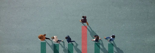 Group of young adults, photographed from above, on various painted tarmac surface, at sunrise.