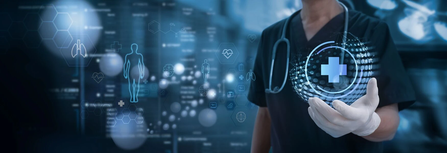 Doctor holding a digital health symbol with medical icons and data in the background.