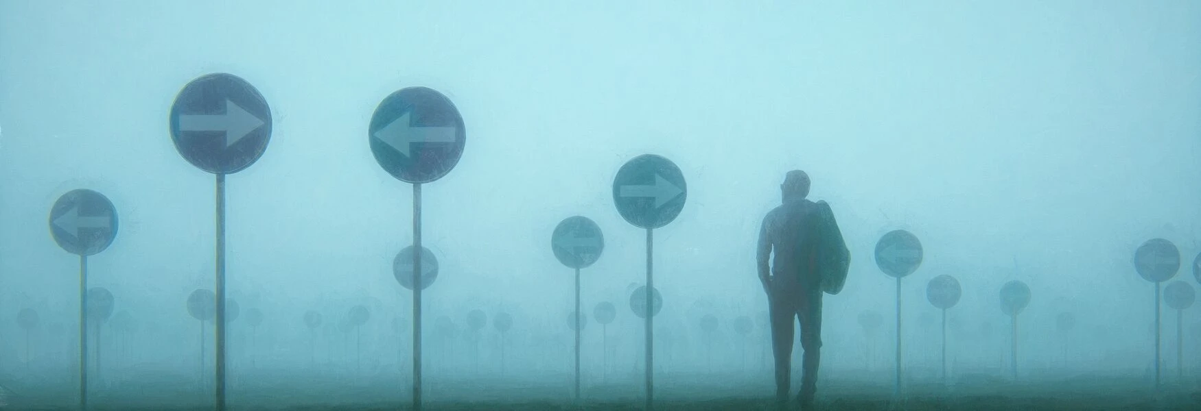 Silhouetted person in a foggy landscape surrounded by multiple signs pointing right, conveying a sense of direction and uncertainty.
