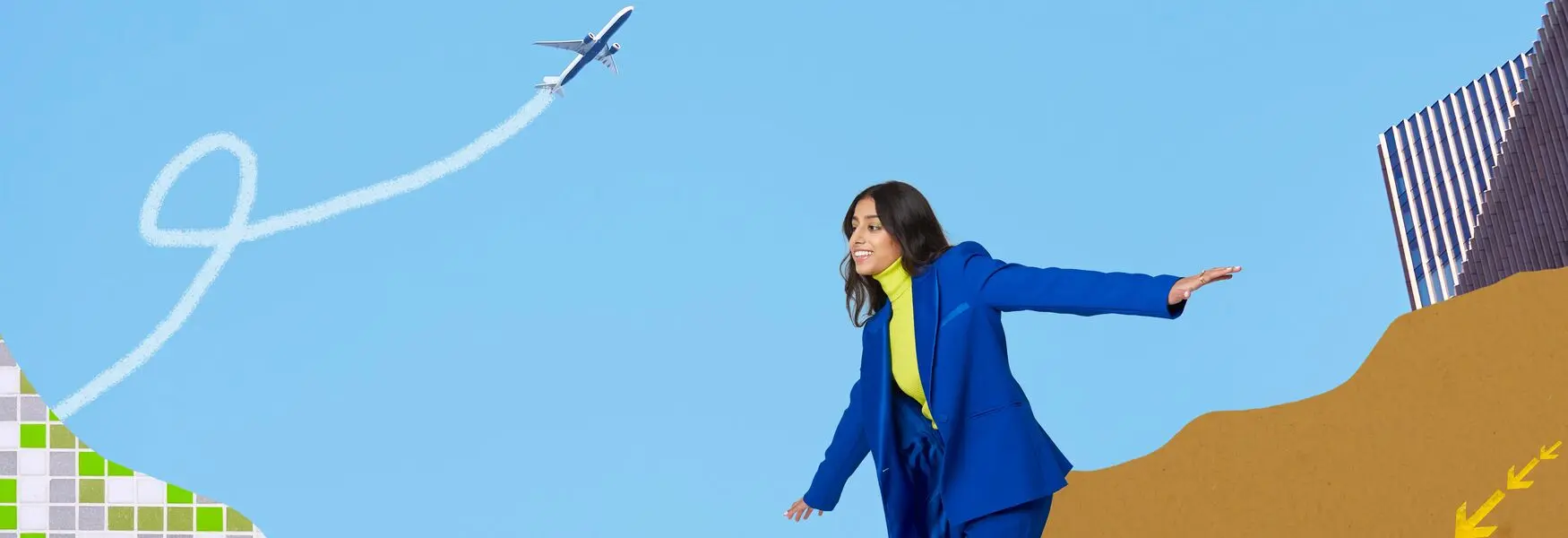Woman in blue suit balancing on a slope with an airplane flying overhead against a blue sky.