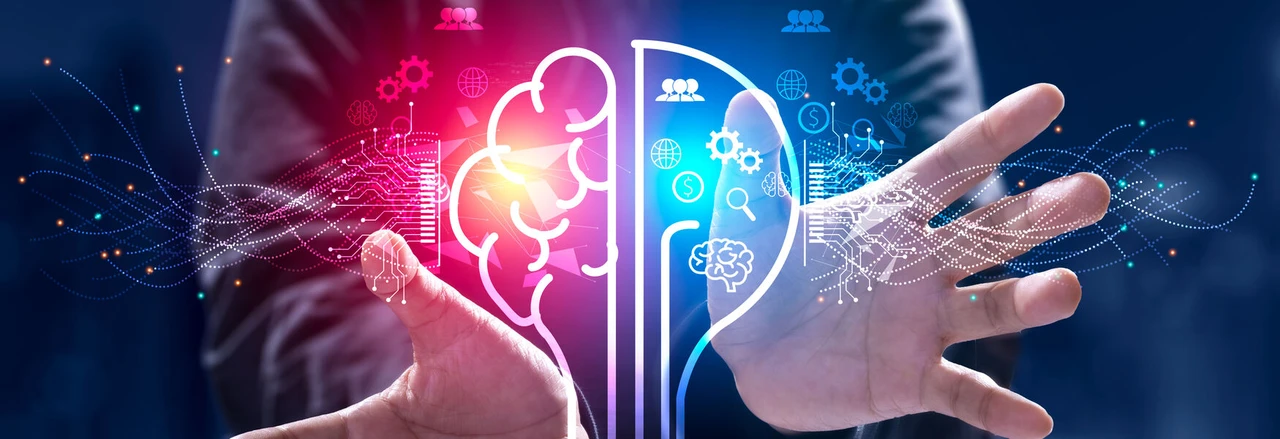 Hands surrounding a digital brain illustration with data and network symbols, symbolizing technology and innovation.