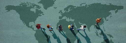 Group of young adults, photographed from above, on various painted tarmac surface, at sunrise.