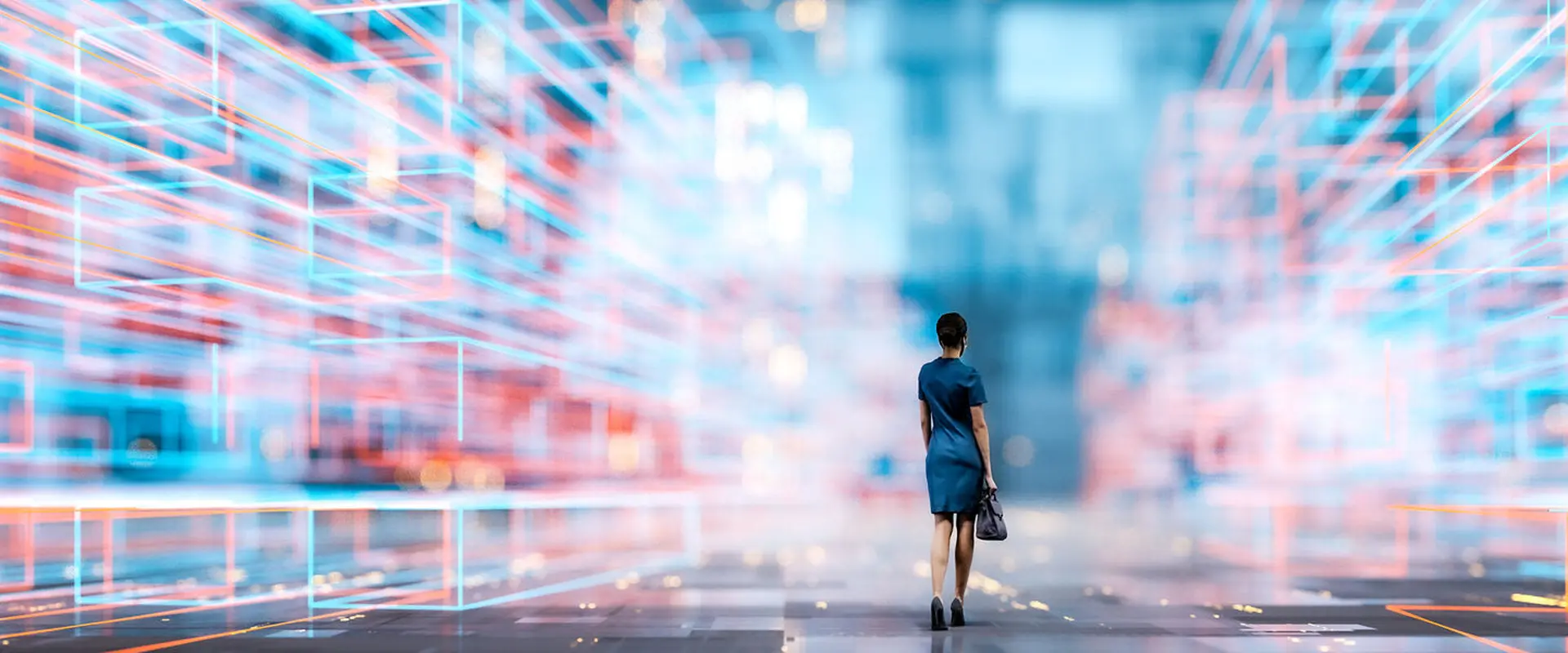 A person walks through a futuristic, digital landscape with glowing lines and grids.