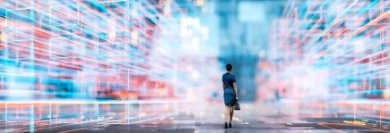 A person walks through a futuristic, digital landscape with glowing lines and grids.